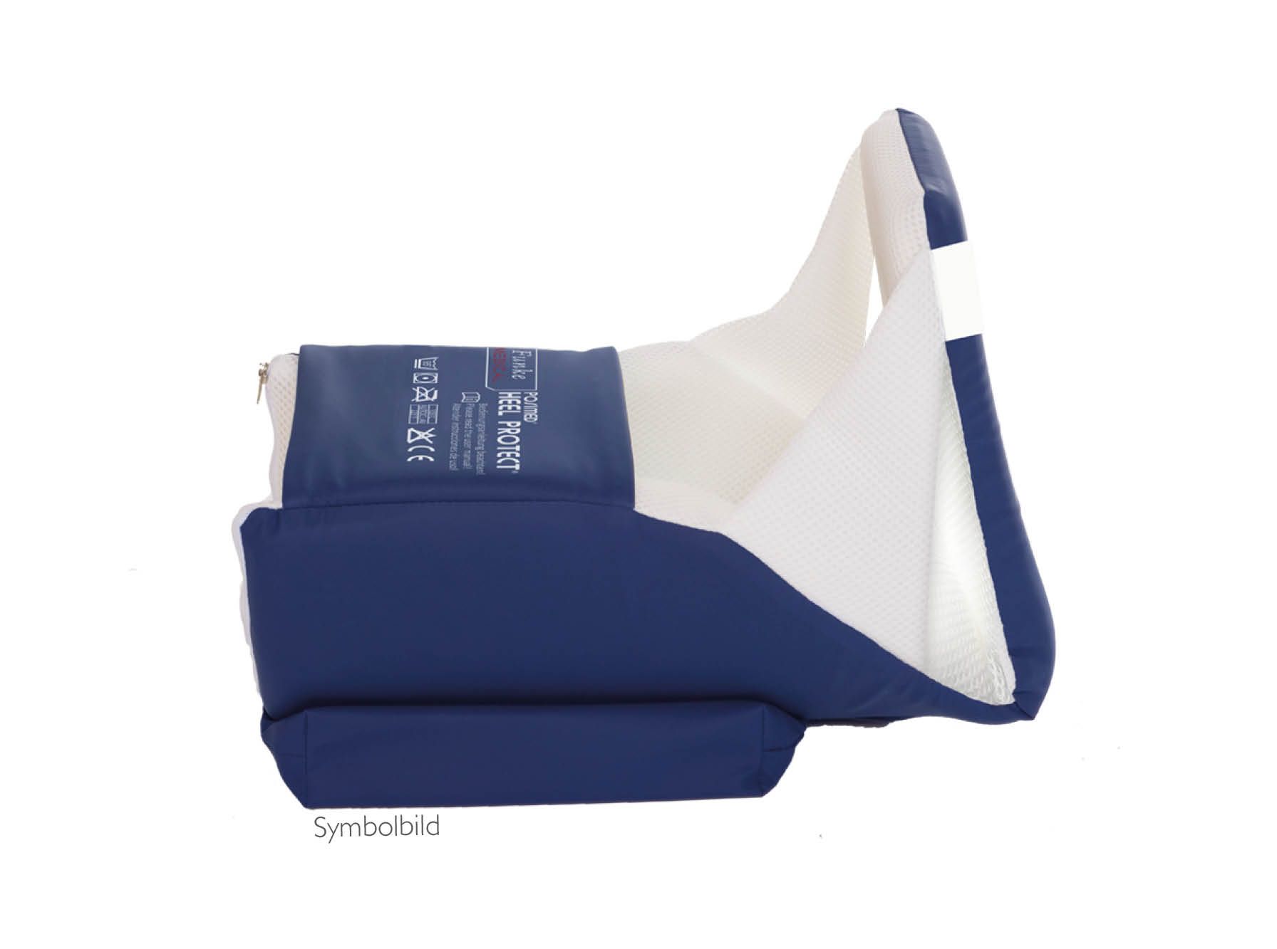 Blauer Fersenfreilagerungsschuh. Weißes Innenfutter. Text: HEEL PROTECT. Symbolbild.