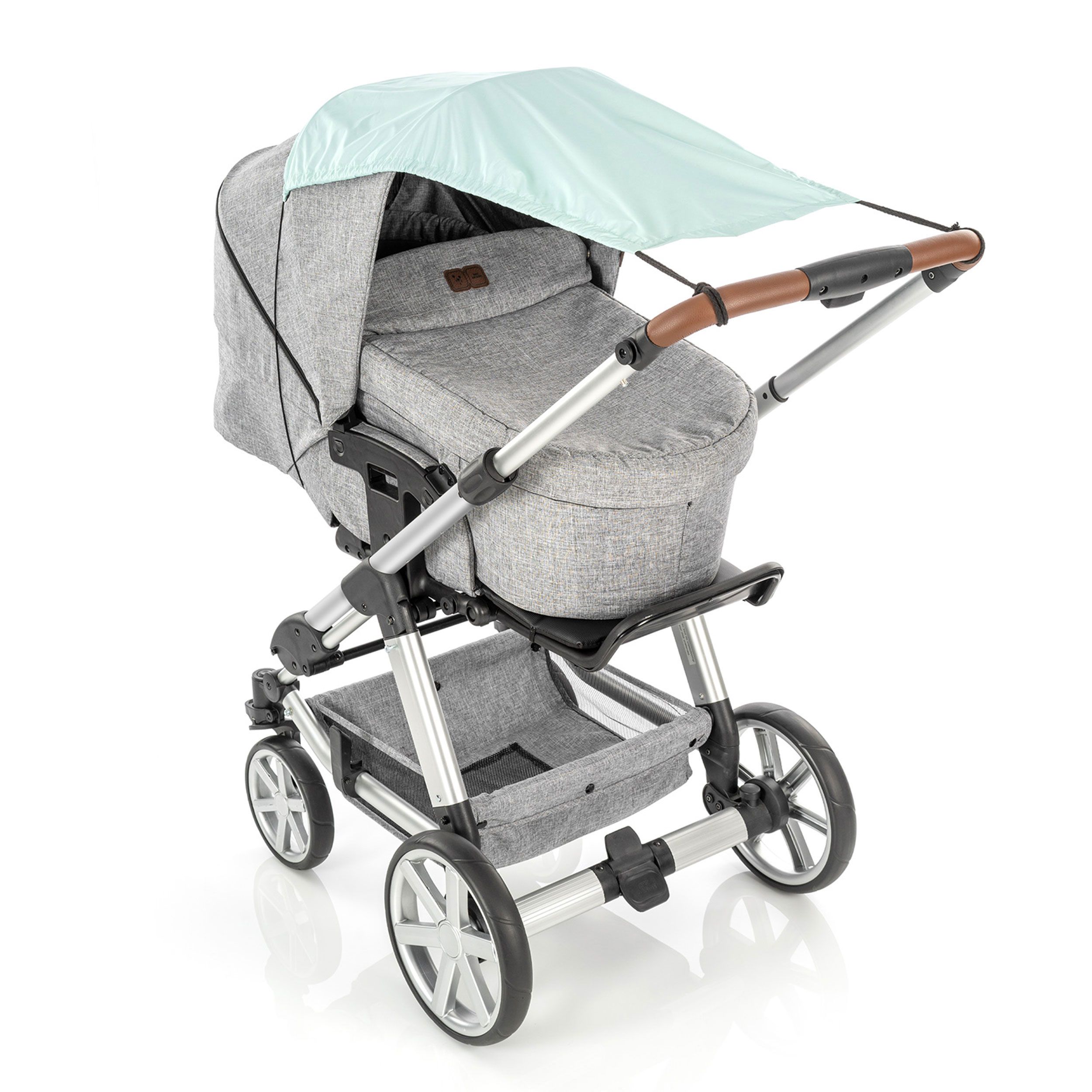 Grauer Kinderwagen mit Babywanne und mintgrünem Sonnendach.