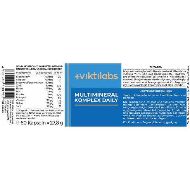 Produktverpackung mit Text: Multimineral Komplex Daily. Enthält Inhaltsstoffe, Verzehrempfehlung, Hinweise. 60 Kapseln = 27,8 g.