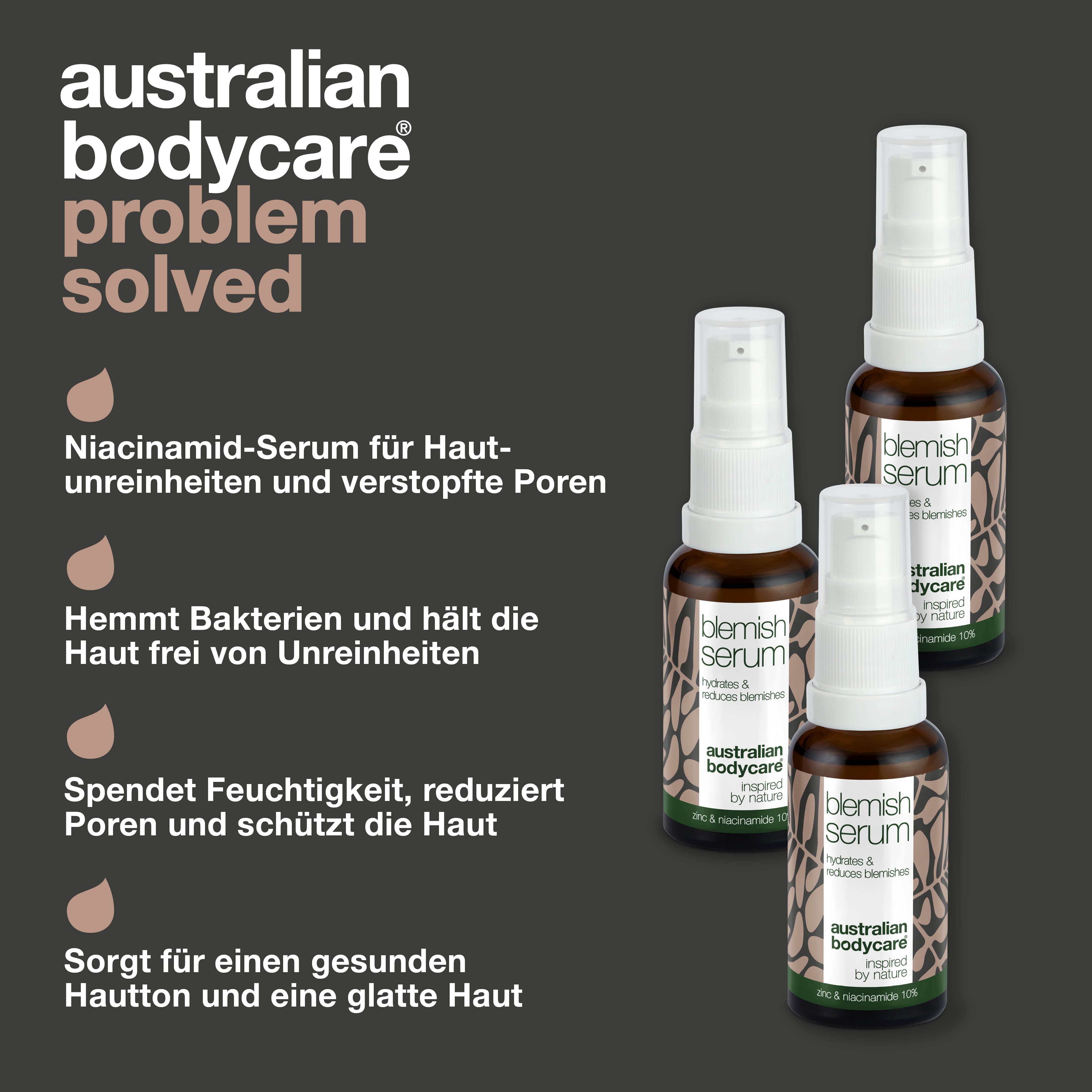 Problem gelöst. Drei Serumflaschen. Text: Niacinamid-Serum für Hautunreinheiten. Logo: Australian Bodycare.