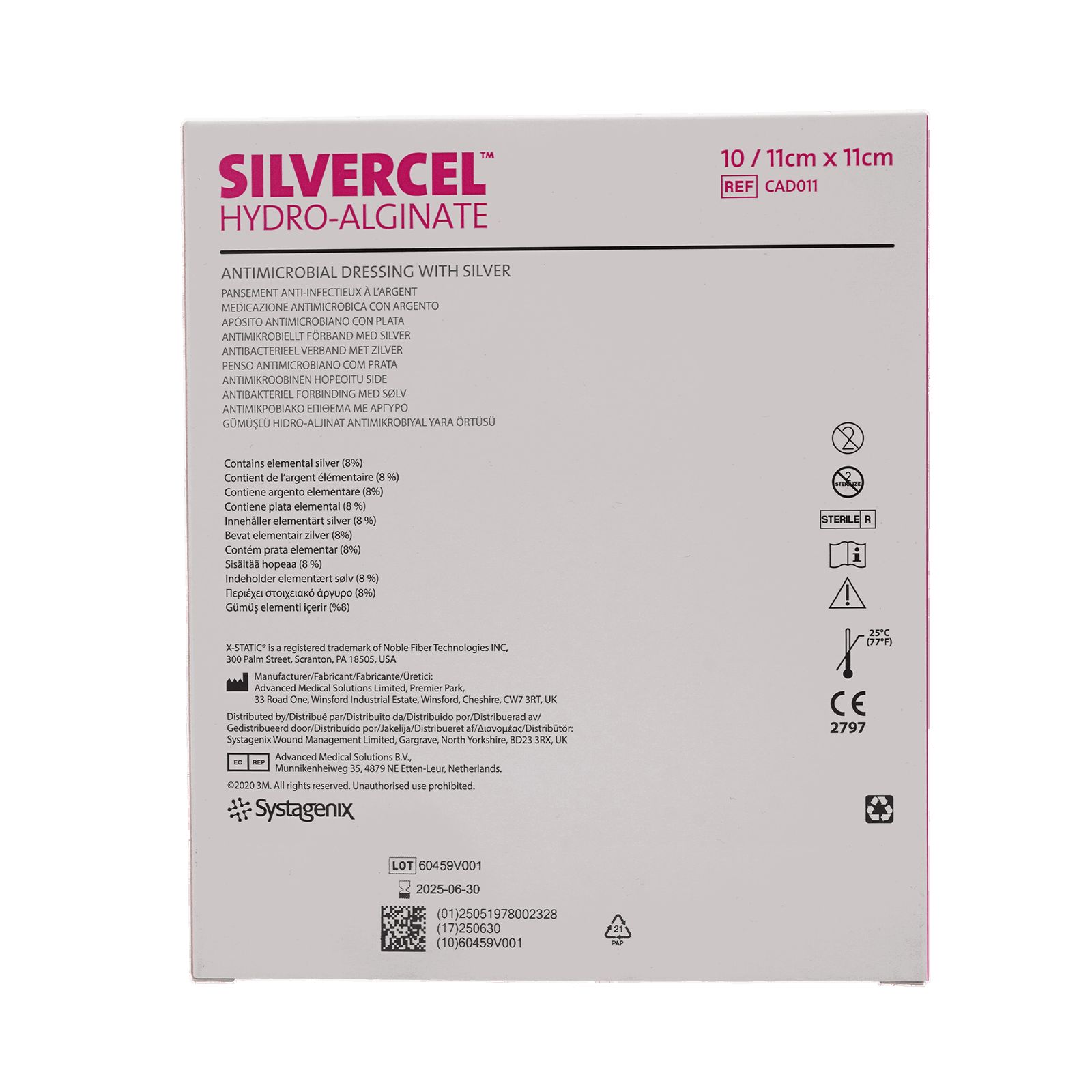 Rückseite der SILVERCEL HYDRO-ALGINATE Packung mit Anwendungshinweisen und CE-Kennzeichnung.