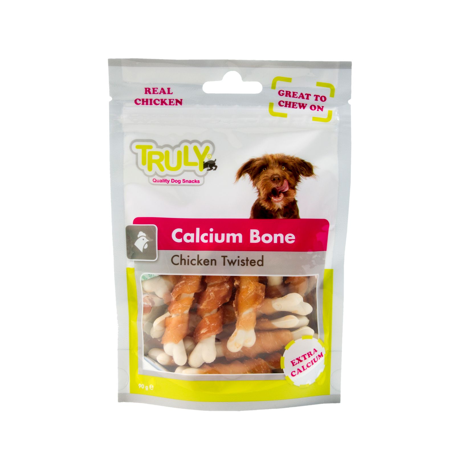 Verpackung mit Hundesnacks. Aufschrift: Calcium Bone, Chicken Twisted. Produkt mit Hühnerbrustfilet umwickelt.