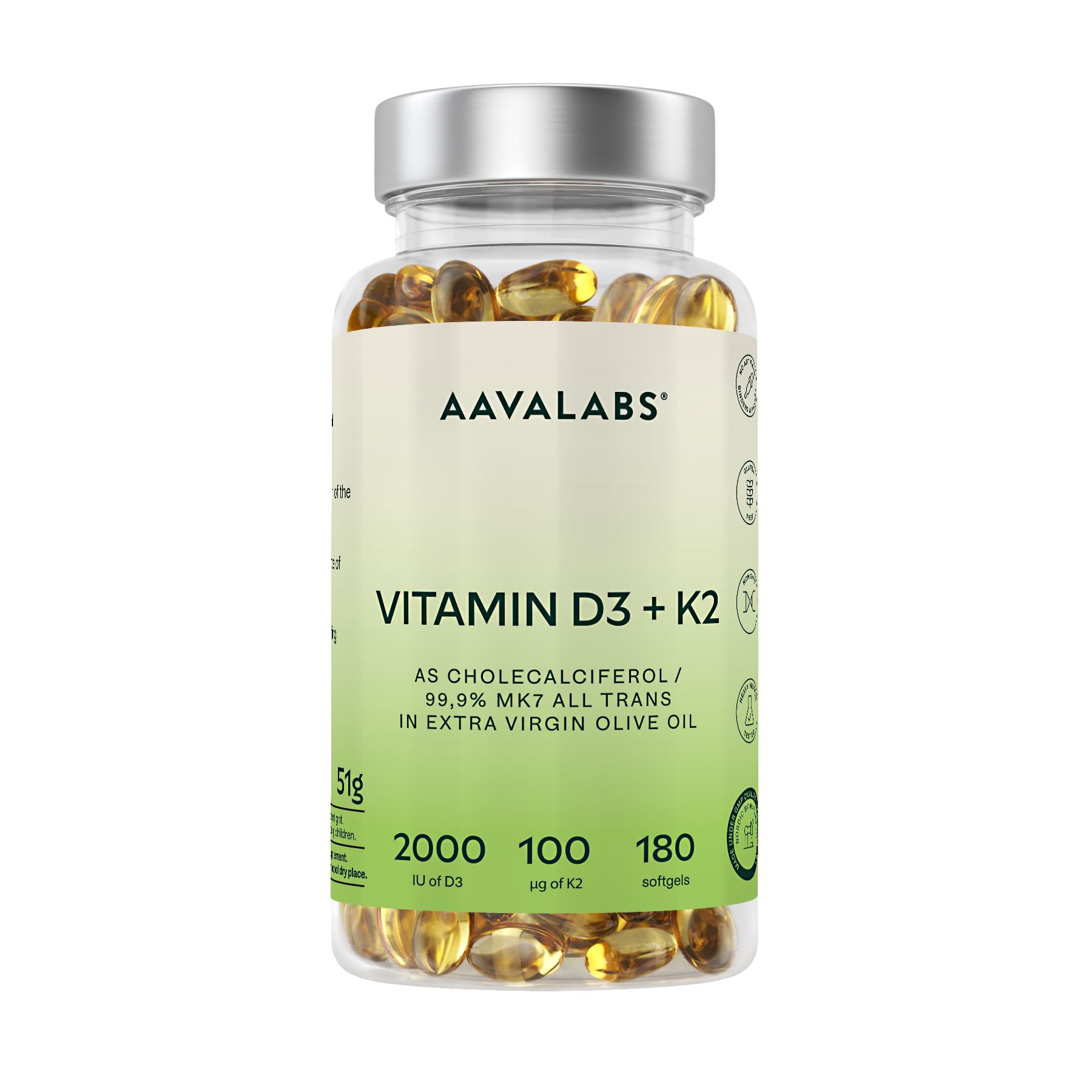 Aavalabs Vitamin D3 + K2 – 2000 IE D3 & 100 µg K2 MK-7 – Mit nativem Olivenöl