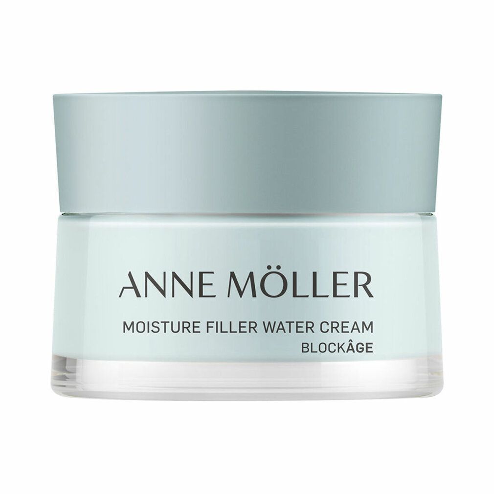Hellblaues Cremeglas mit Deckel. Aufschrift: ANNE MÖLLER, MOISTURE FILLER WATER CREAM, BLOCKÂGE.