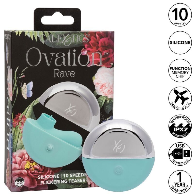 Produktverpackung. Calexotics Ovation Rave, türkis-silberfarbenes Gerät. Merkmale: 10 Geschwindigkeiten, Silikon, Speicherchip, wasserdicht, USB.
