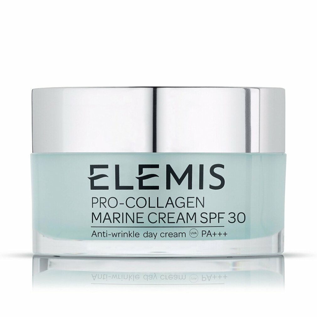 Creme-Tiegel mit silbernem Deckel. Aufschrift: Elemis Pro-Collagen Marine Cream SPF 30. Anti-Falten-Tagescreme.