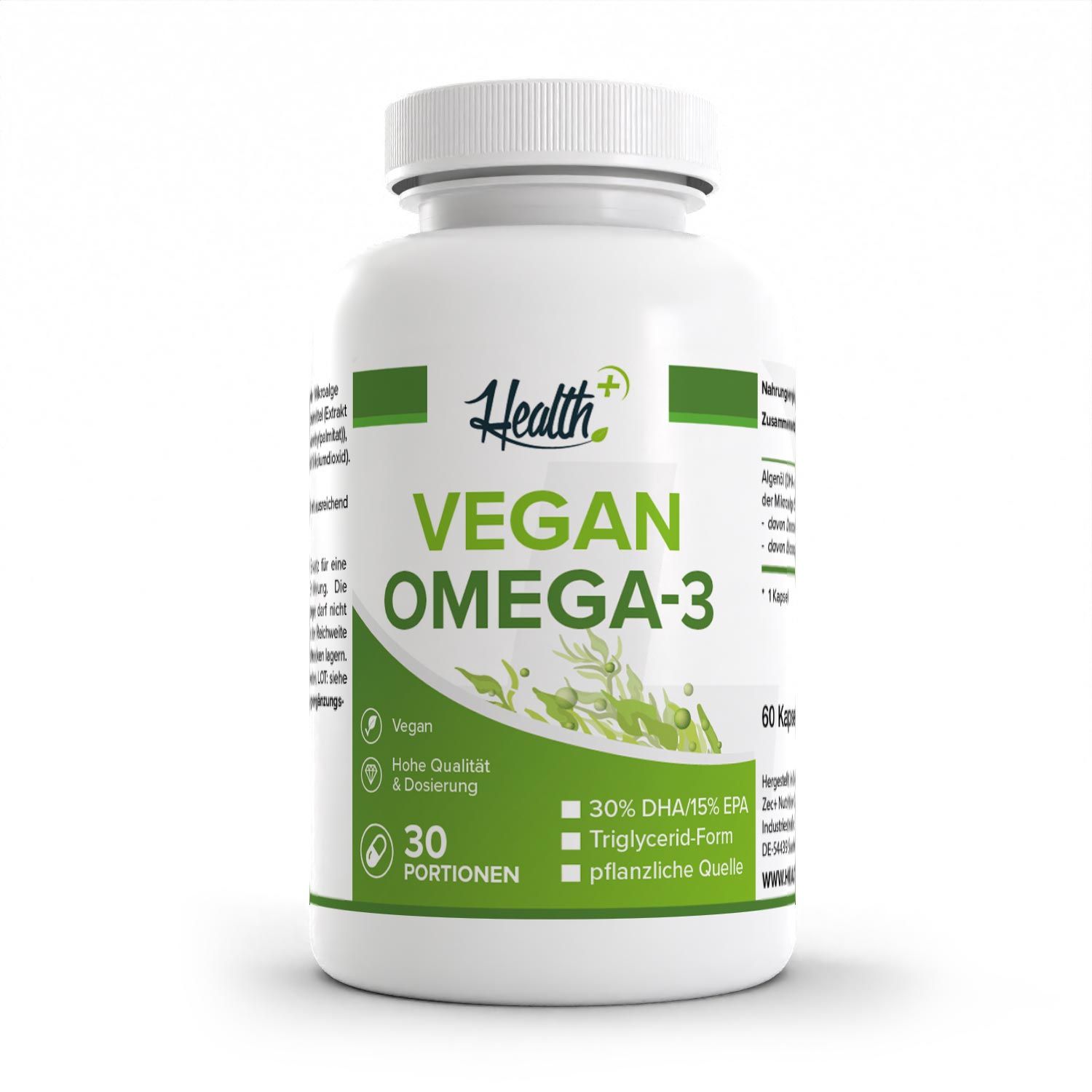 Weiße Flasche mit grünen Etiketten. Aufschrift: Vegan Omega-3. 60 Kapseln. 30 Portionen. Health+ Logo.