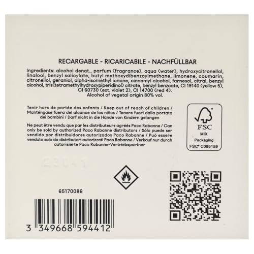 Rückseite der Verpackung. Text: Inhaltsstoffe, Warnhinweise, FSC-Logo, QR-Code.