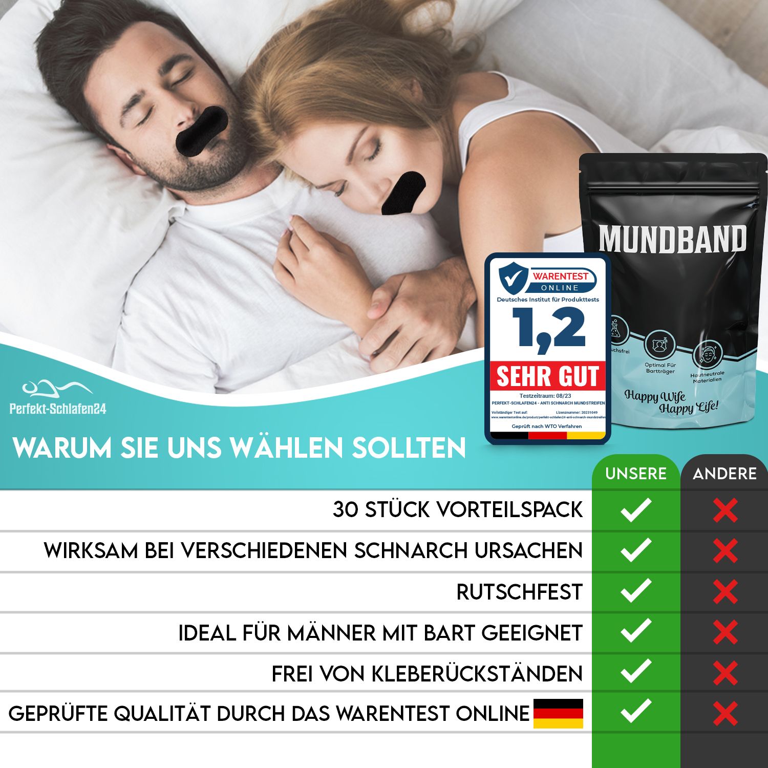 Produkt-Infografik. Mundpflaster, 30 Stück, rutschfest, für Bartträger geeignet. Geprüfte Qualität. Logo: Perfekt-Schlafen24.