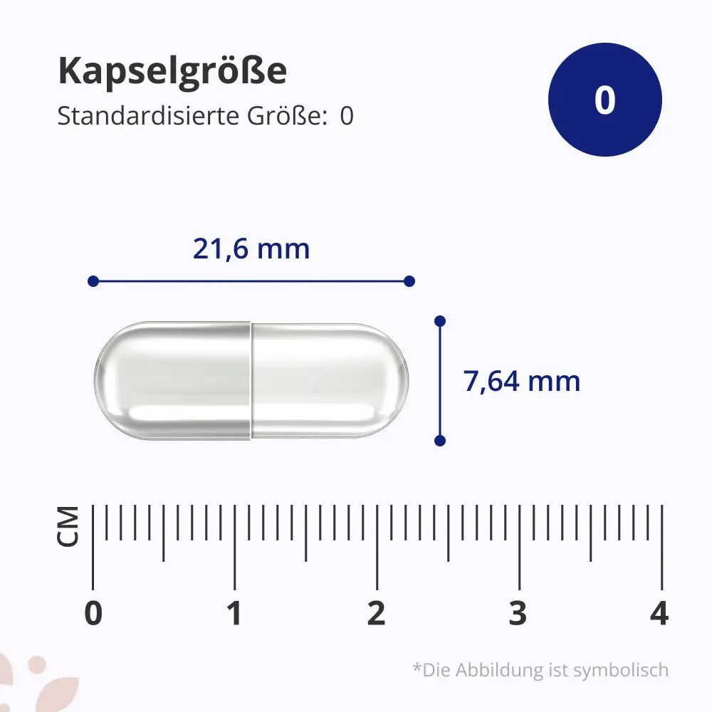 Kapsel mit Maßen: 21,6 mm x 7,64 mm. Größe 0.