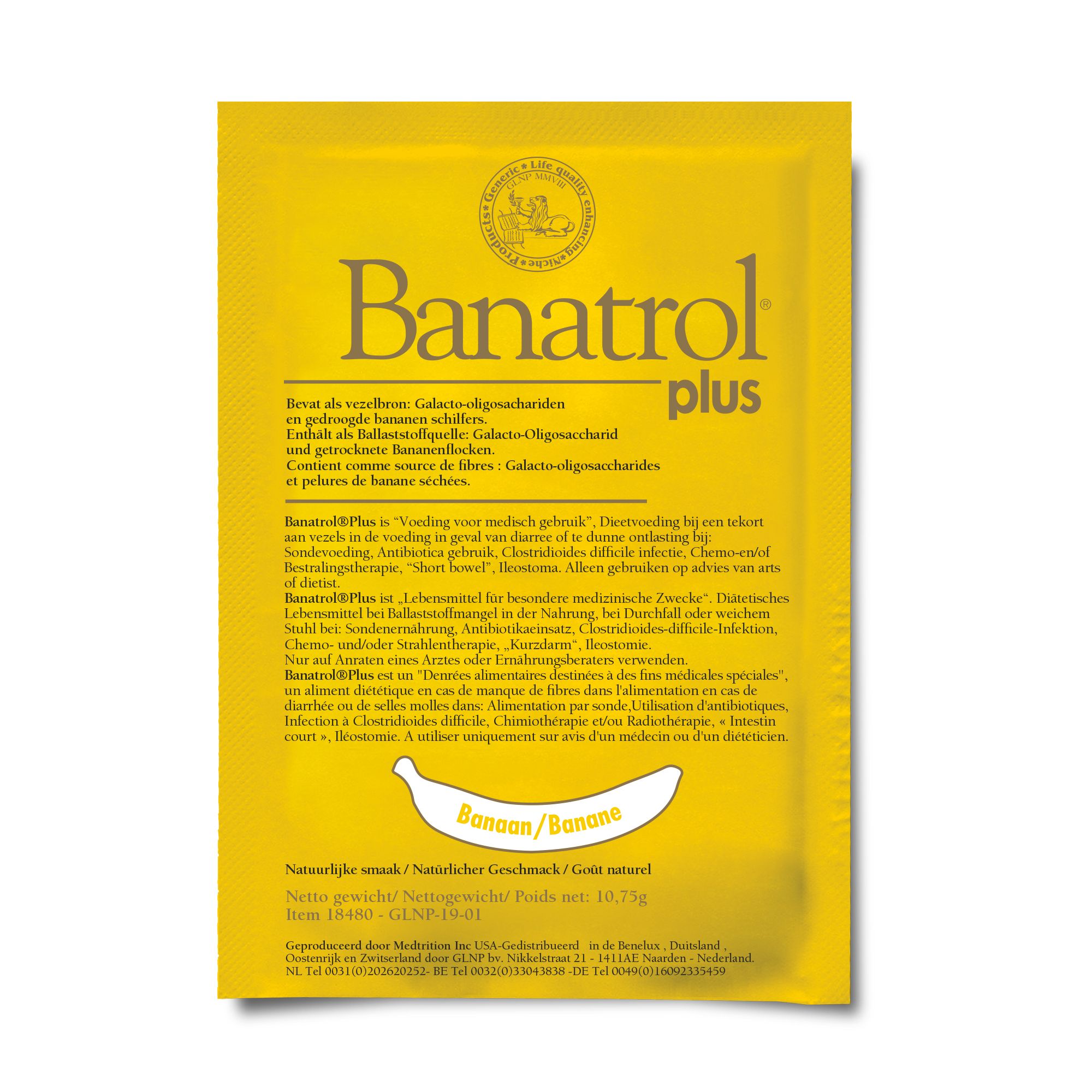 Gelber Beutel mit 'Banatrol plus' und Bananen-Illustration. Text in mehreren Sprachen.