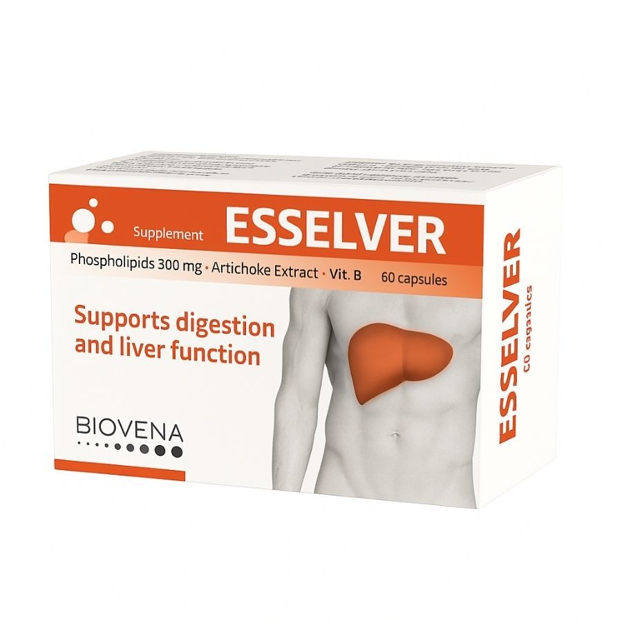 Verpackung von Esselver. Aufschrift: "Unterstützt die Verdauung und Leberfunktion". Enthält 60 Kapseln. Marke: Biovena.