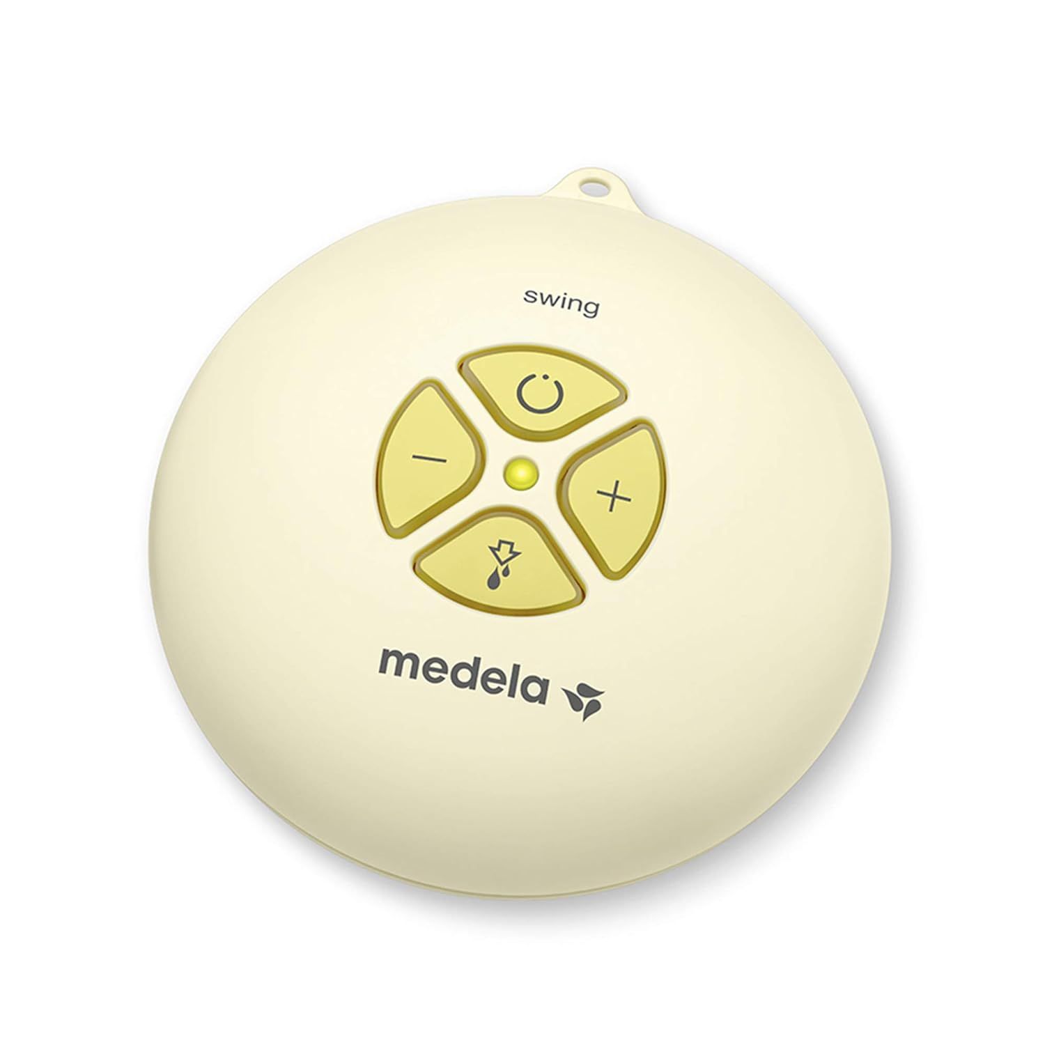 Steuergerät der elektrischen Milchpumpe. Gelb-weißes Design. Mit Bedienknöpfen und dem Markennamen 'medela'.