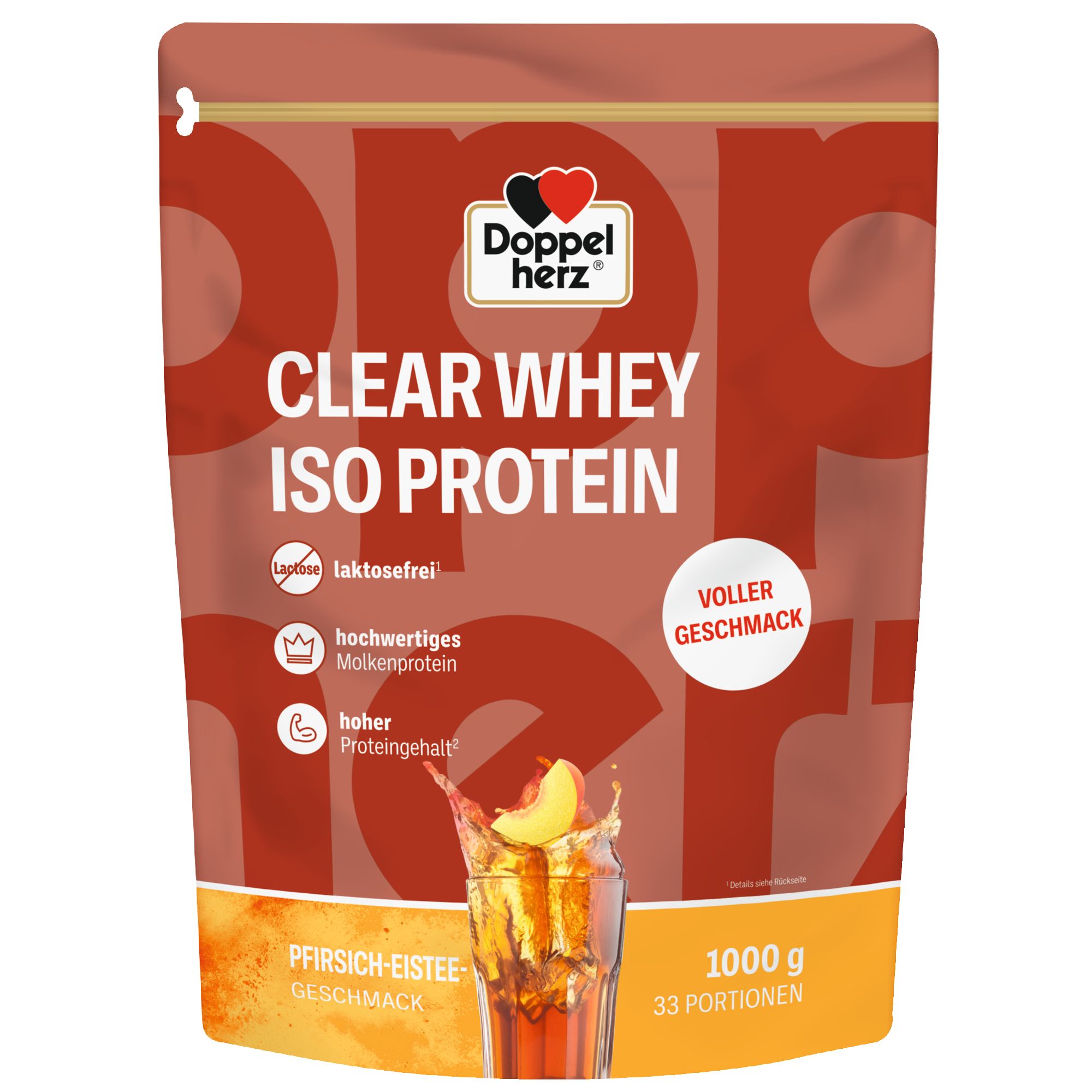 Verpackung von Doppelherz Clear Whey Iso Protein. Mit Pfirsich-Eistee Geschmack. 1000g, 33 Portionen.