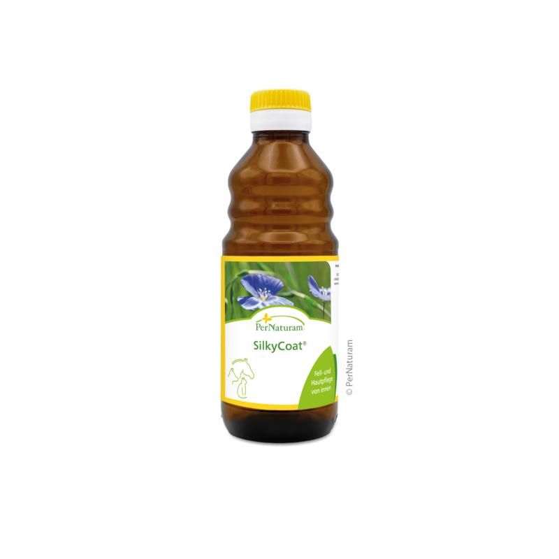 Braune Flasche mit gelbem Deckel und Etikett. Aufschrift SilkyCoat. Grün-gelbes Etikett mit floralem Motiv und Produktnamen.