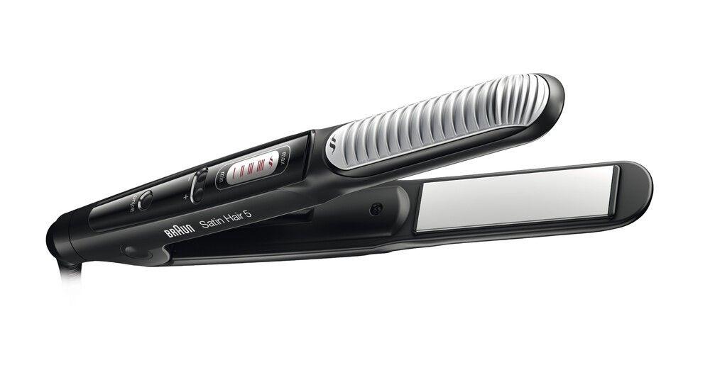 Haarglätter Schwarz/Silber, geöffnet. Oberseite mit geriffelter Oberfläche, Unterseite mit glatter Platte. Braun Satin Hair 5.