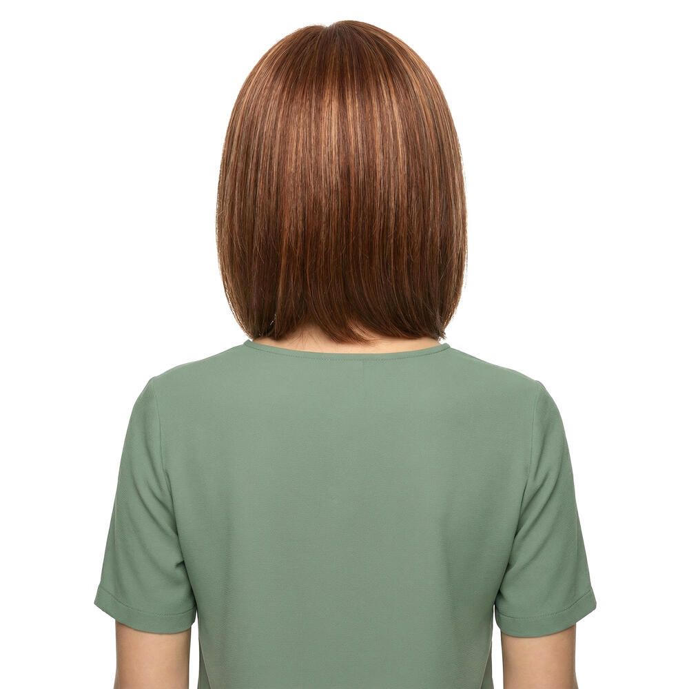 Perücke Mola von trendhair. Rückansicht der Bob-Frisur, braun mit helleren Strähnen.