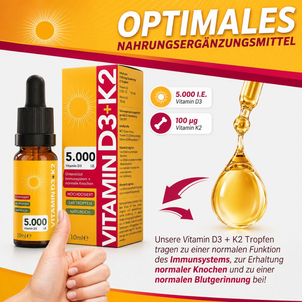 SOS-Apo Vitamin D3 + K2 Tropfen hochdosiert 5.000 I.E. + 100 µg K2 MK-7, vegan, MCT-Öl