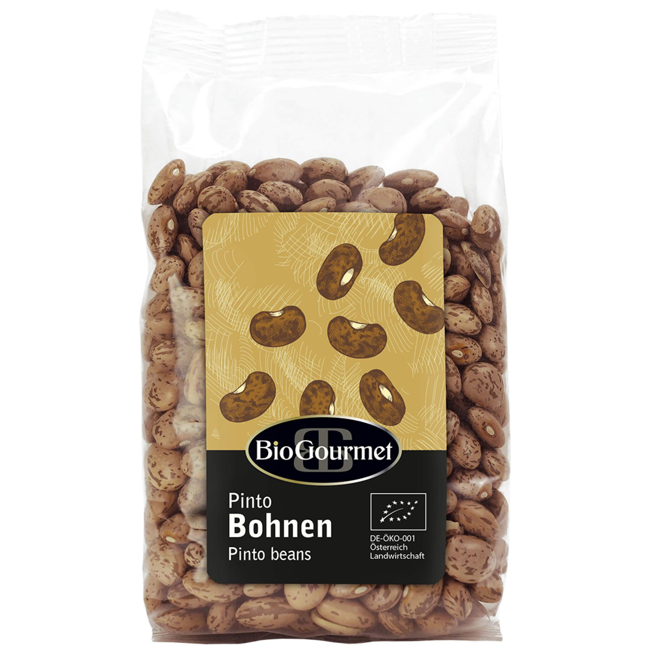 Klare Plastiktüte mit Pinto Bohnen. Aufdruck mit Logo und Schriftzug "Pinto Bohnen". Bio-Siegel.
