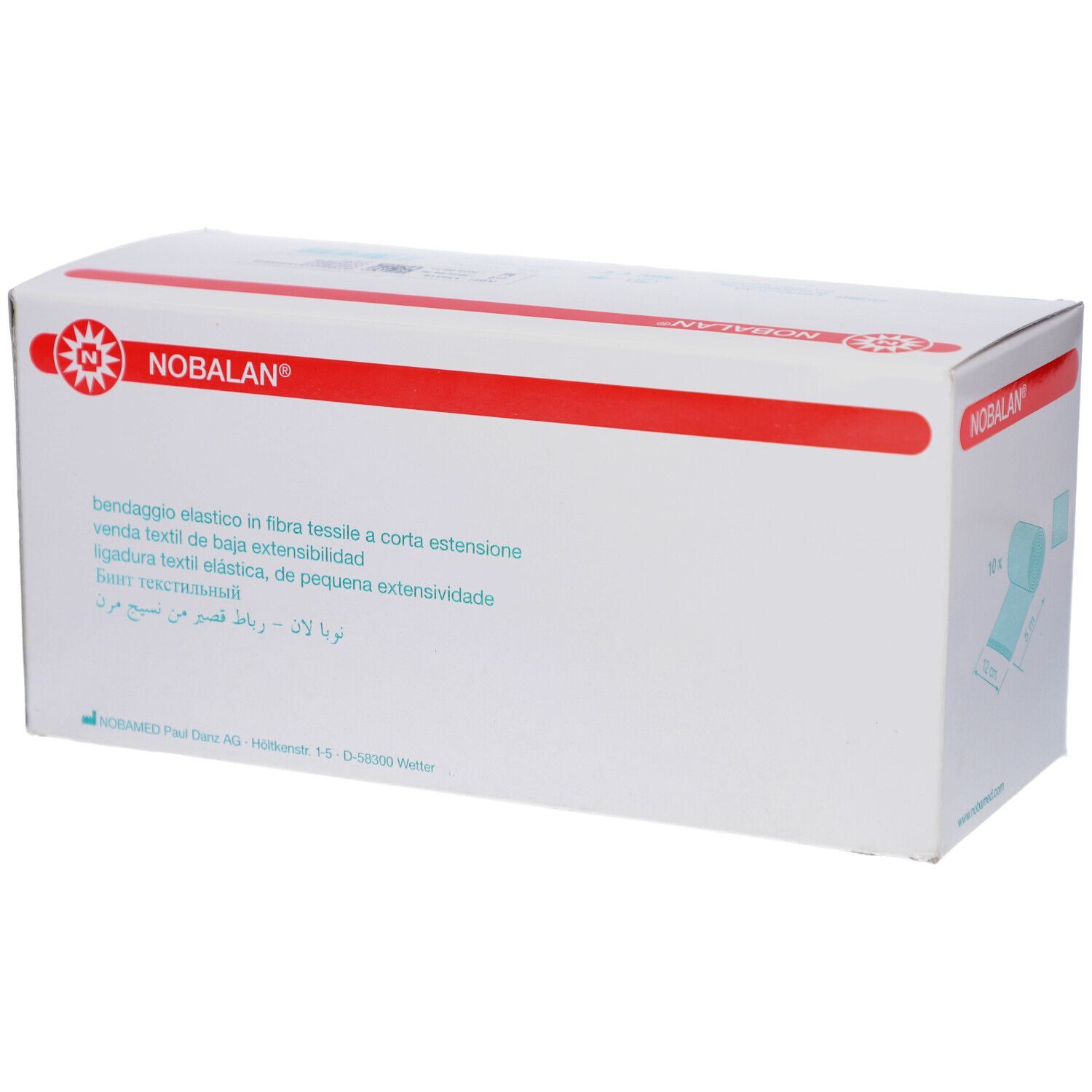 Verpackung von NOBALAN® Kurzzugbinde. Box mit Produktabbildung und Text. 12 cm x 5 m, 10 Stück. Textilelastisch, 100 % Baumwolle.