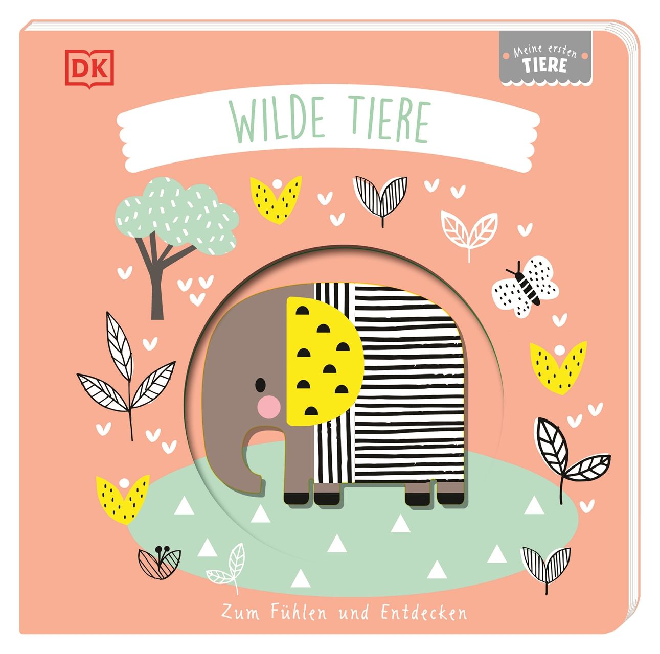 Buch "Meine ersten Tiere. Wilde Tiere" mit Elefanten-Ausschnitt. DK-Logo. Titel und Illustrationen.