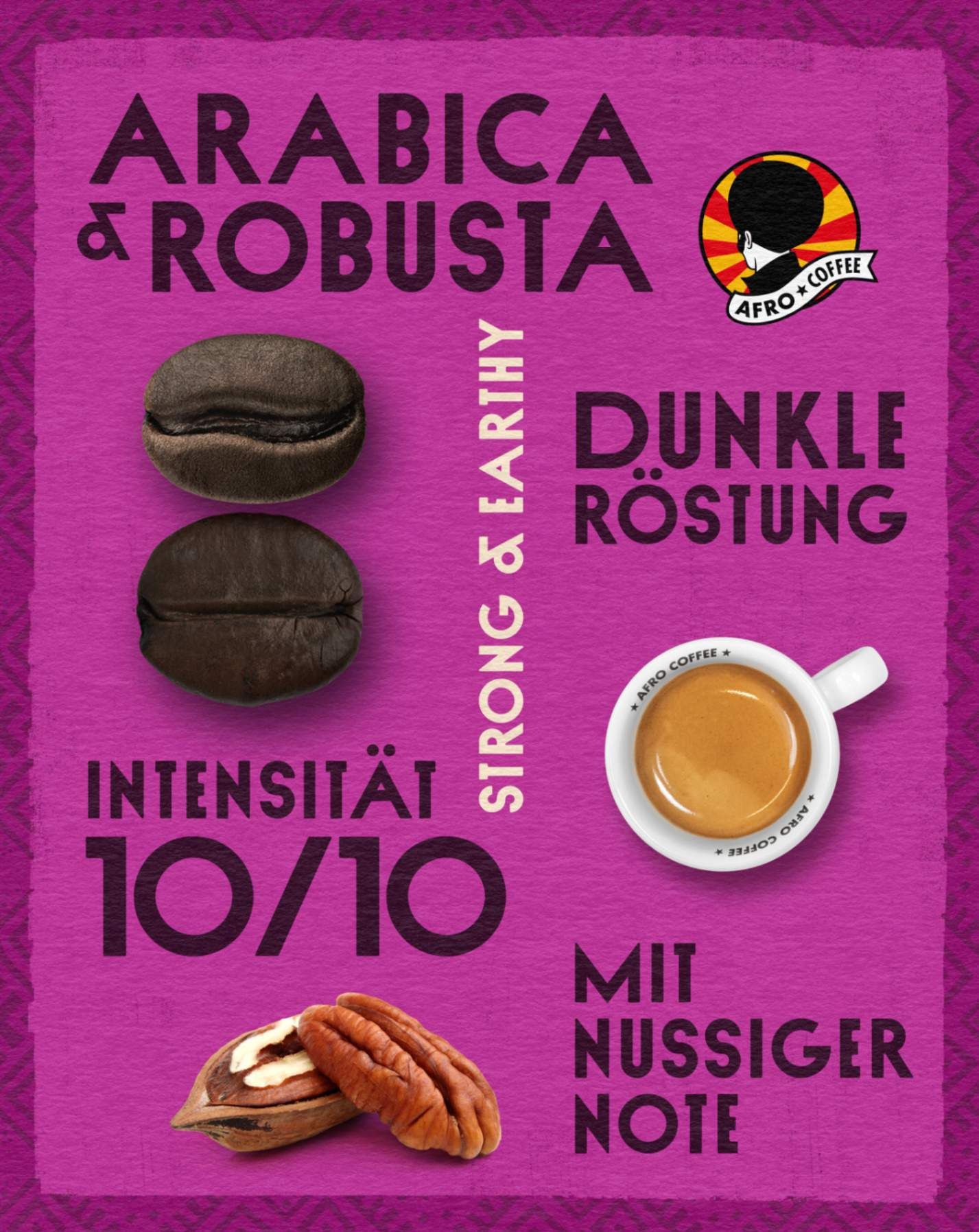 Arabica & Robusta Kaffee: Dunkle Röstung, Intensität 10/10, mit nussiger Note. Zwei Kaffeebohnen, eine Tasse Espresso, Nüsse.