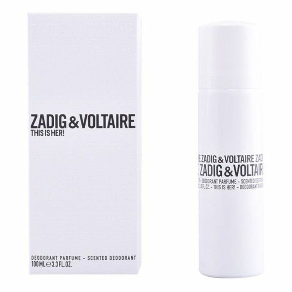 Zadig & Voltaire Deodorant-Spray und Verpackung. Text: THIS IS HER! Deodorant Parfum. 100ml. Weiße Verpackung.