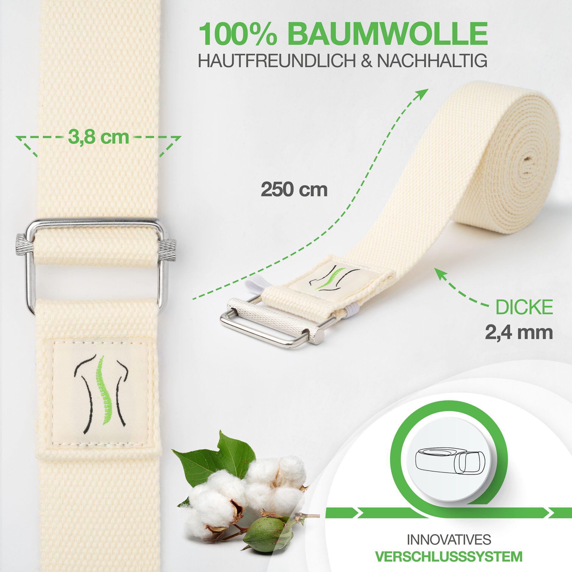 BACKLAxx ® Yoga Gurt  aus Baumwolle 250cm lang