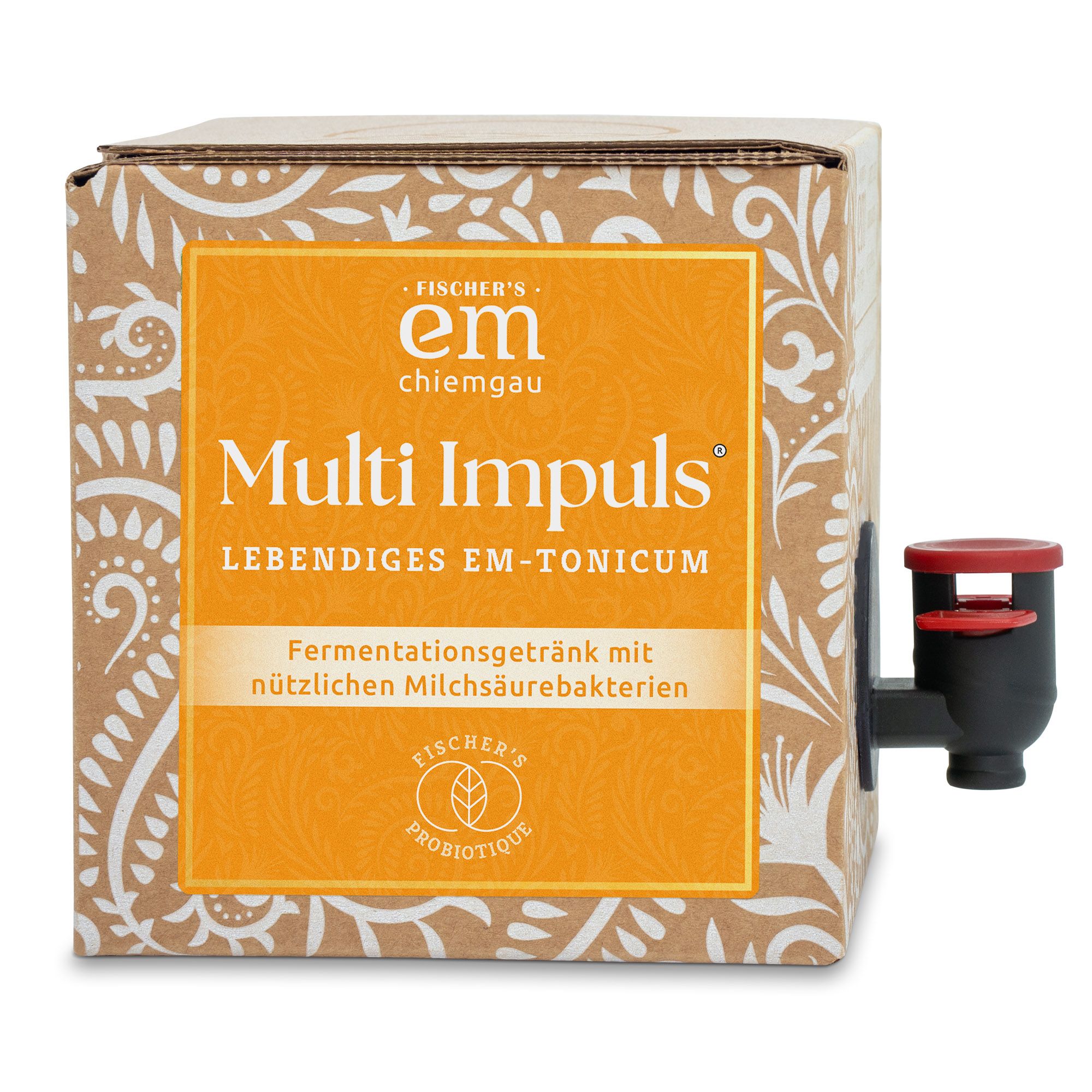 Karton mit Aufdruck. Orangefarbenes Feld mit Text: Multi Impuls, lebendiges EM-Tonicum. Zapfhahn mit roter Kappe.