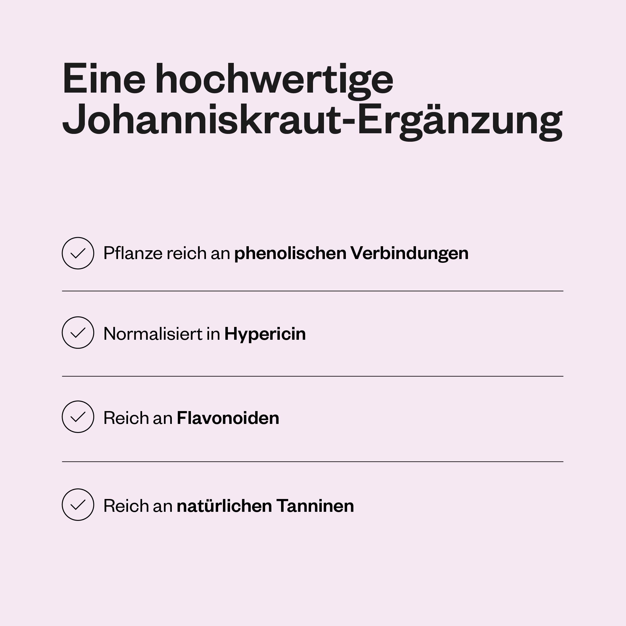 Infografik mit vier Punkten: Reich an phenolischen Verbindungen, normalisiert in Hypericin, reich an Flavonoiden, Tanninen.