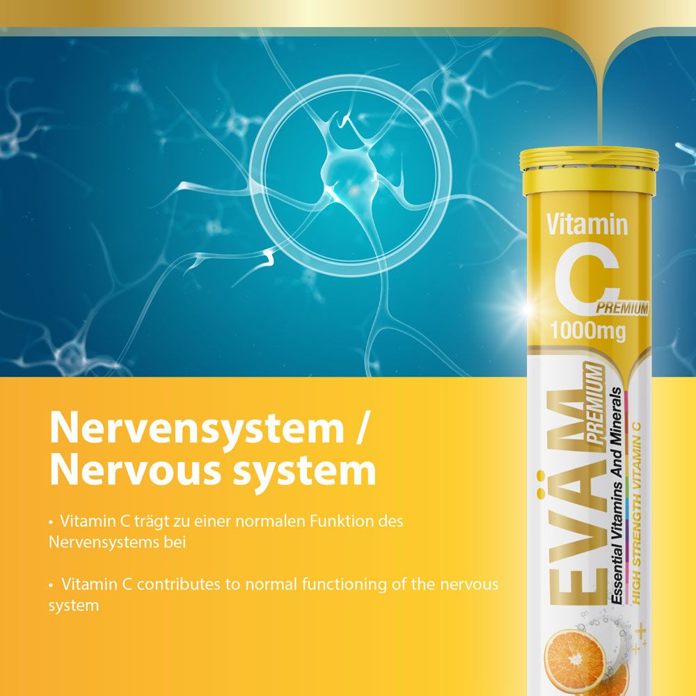 Tuben EVÄM Vitamin C 1000. Gelbe Verpackung mit Text. Abgebildet ist ein Nervensystem und Text über das Nervensystem.