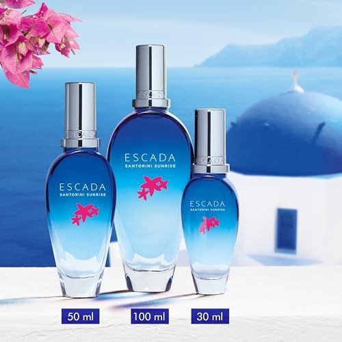 Drei Flakons. Aufschrift: Escada Santorini Sunrise. Größen: 50 ml, 100 ml, 30 ml. Rosa Blüten-Dekor.