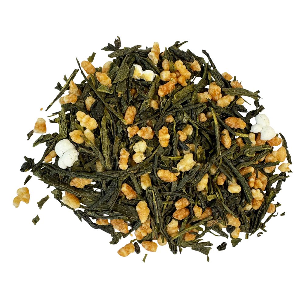 Grüner Tee mit geröstetem Reis. Braune und weiße Reiskörner vermischt mit grünen Teeblättern.