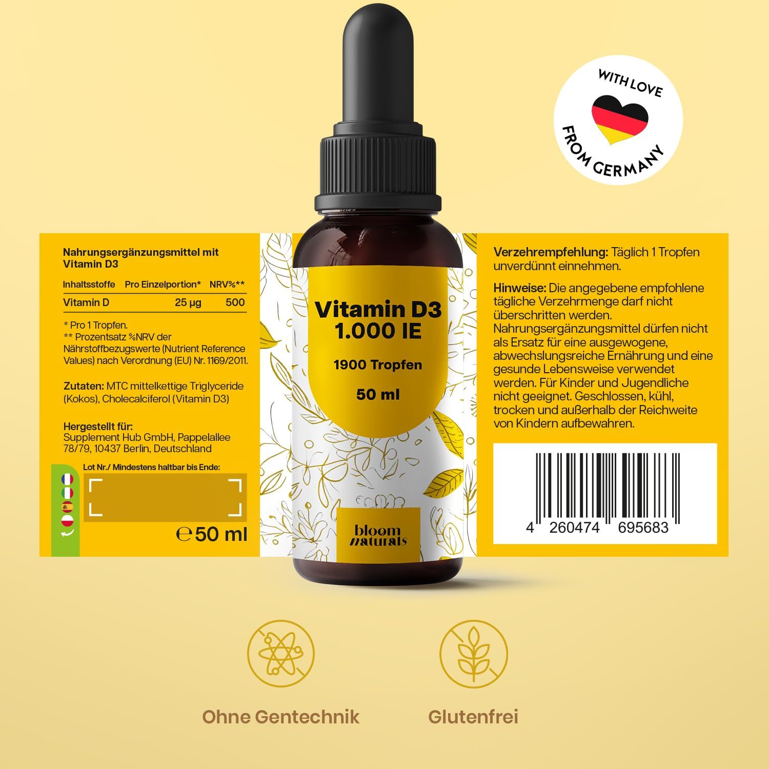 Braune Glasflasche mit gelbem Etikett. Text: Vitamin D3 1.000 IE, 1900 Tropfen, 50 ml. Mit Liebe aus Deutschland.