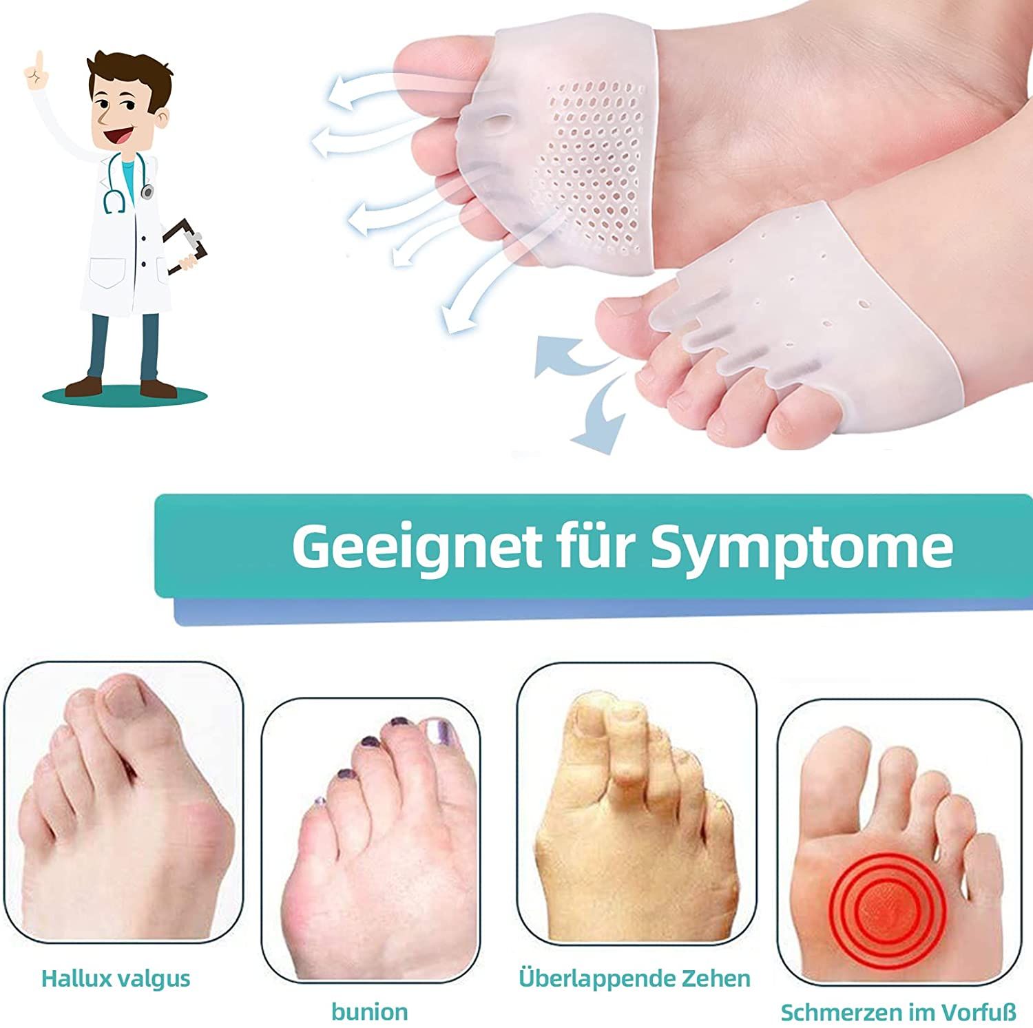 COOL-i Vorfußpolster aus Silikon, weich & rutschfest, Ballenschutz für Damen & Herren, 4 Stück