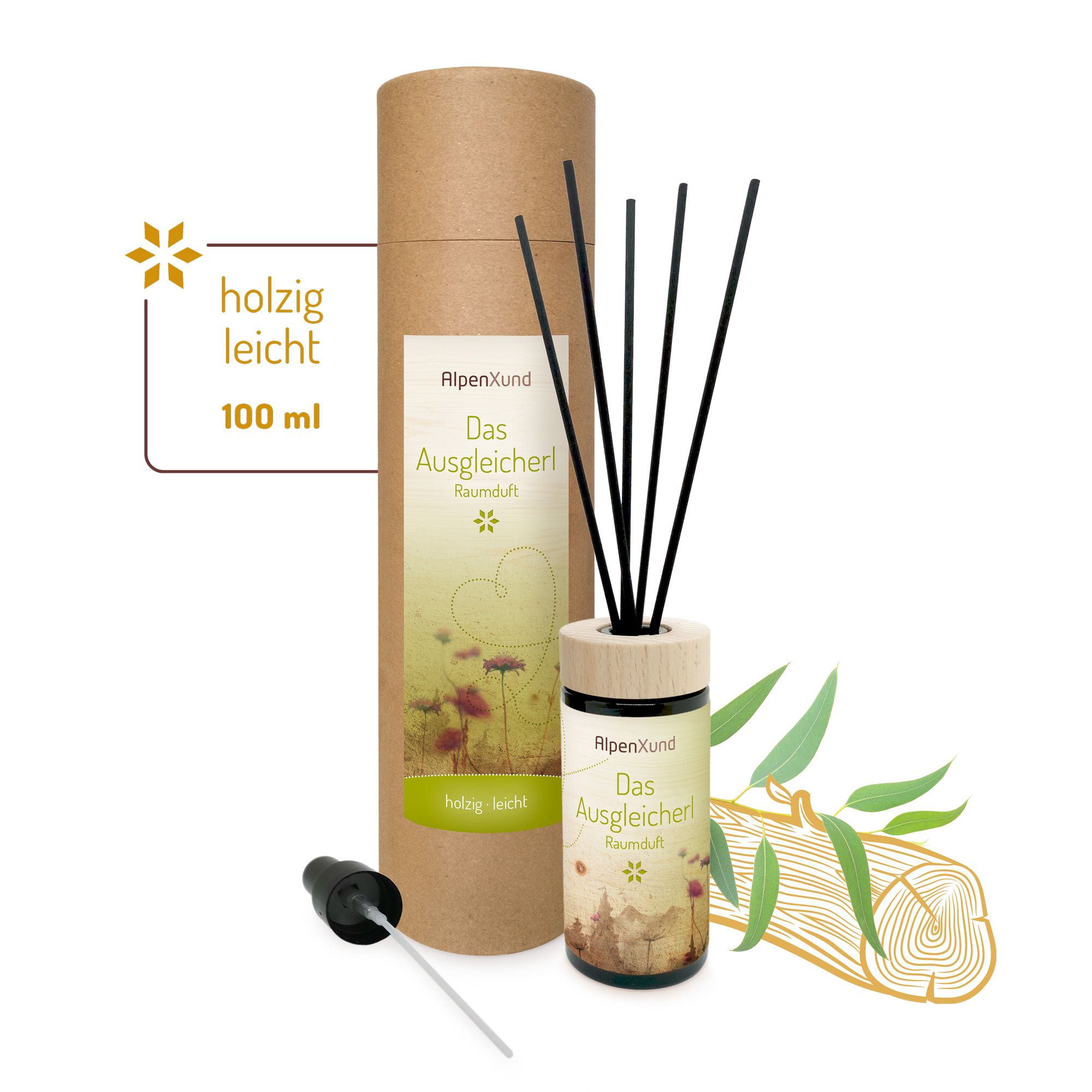 Raumduft-Diffusor mit schwarzem Deckel und Stäbchen. Pappverpackung, Flasche. Aufschrift: AlpenXund, Das Ausgleicherl. Holzige, leichte Duftnote. 100 ml. Mit Sprühaufsatz.