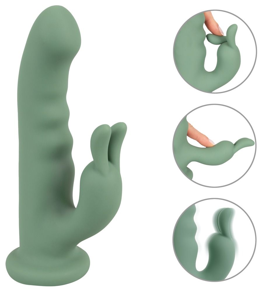 Grüner Vibrator mit Hasenohren-Design. Mehrere Detailansichten zeigen die Form und Flexibilität des Produkts.