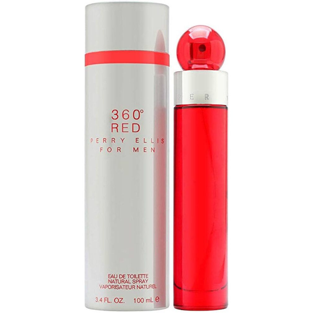 Rotes Parfümflakon und silberne Verpackung. Aufschrift: 360° RED PERRY ELLIS FOR MEN. Flakon mit rotem Deckel.