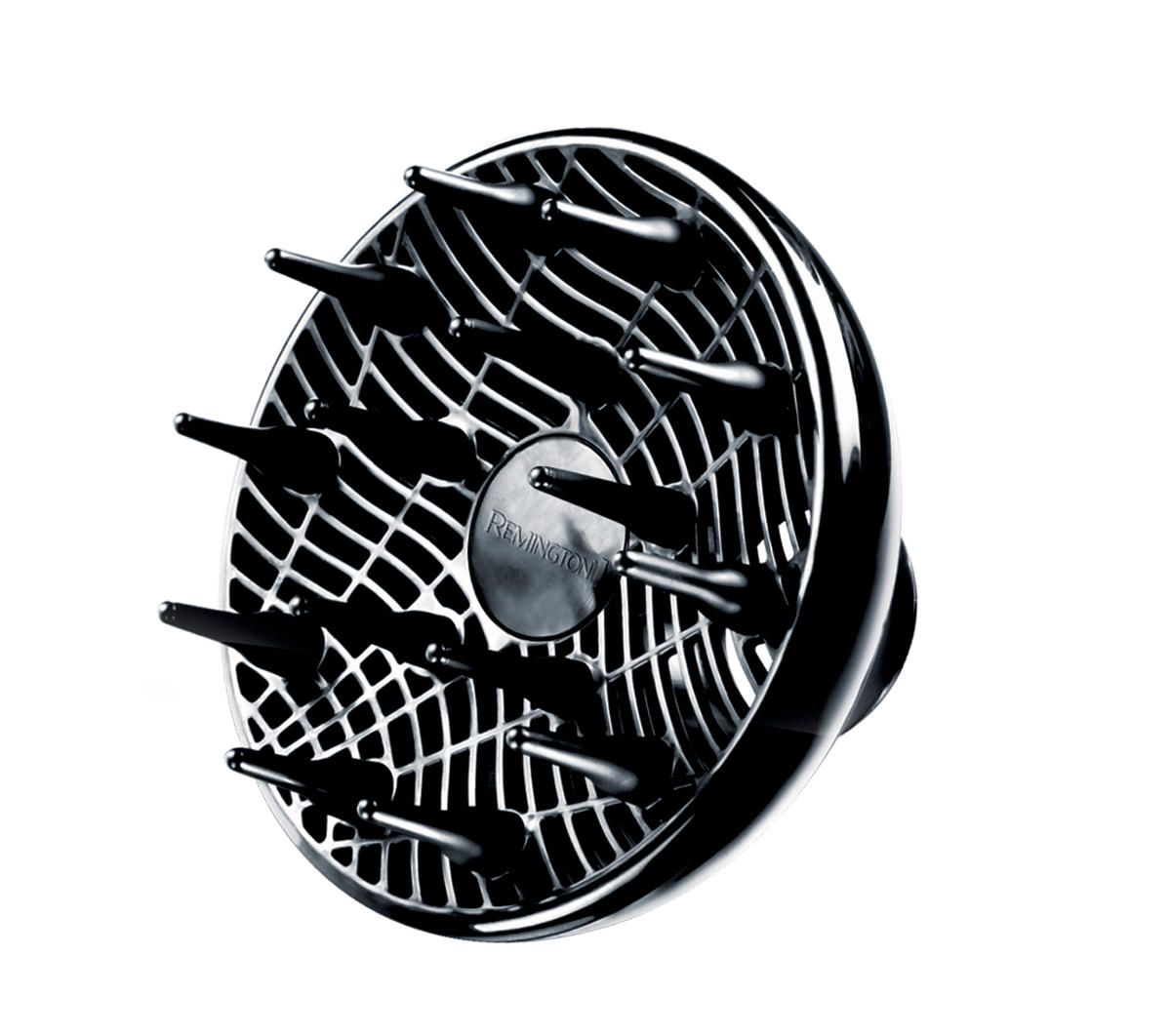 Schwarzer Diffusor für einen Haartrockner. Runde Form mit Noppen.