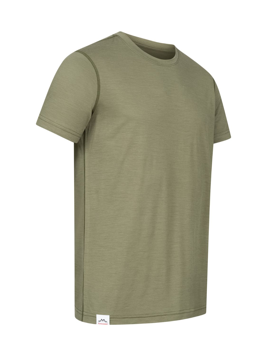 Herren T-Shirt aus Merinowolle, grün, Rundhalsausschnitt, kurze Ärmel.