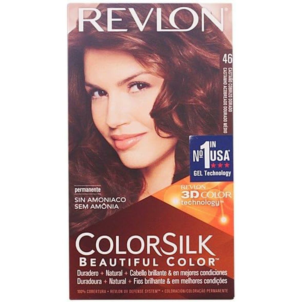 Revlon Colorsilk Box. Medium Golden Chestnut Brown. Ohne Ammoniak. Frau mit braunen Haaren. 3D Color Technologie.