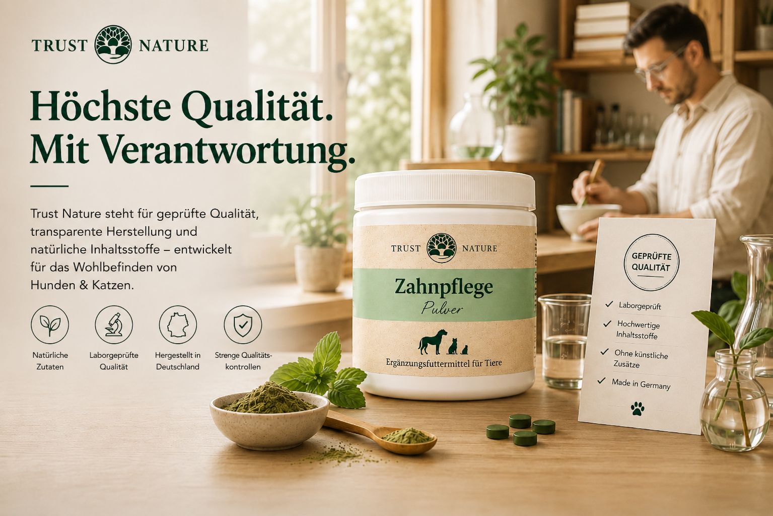 Mann in Küche, Trust Nature Zahnpflege Pulver Dose, Zertifikat.