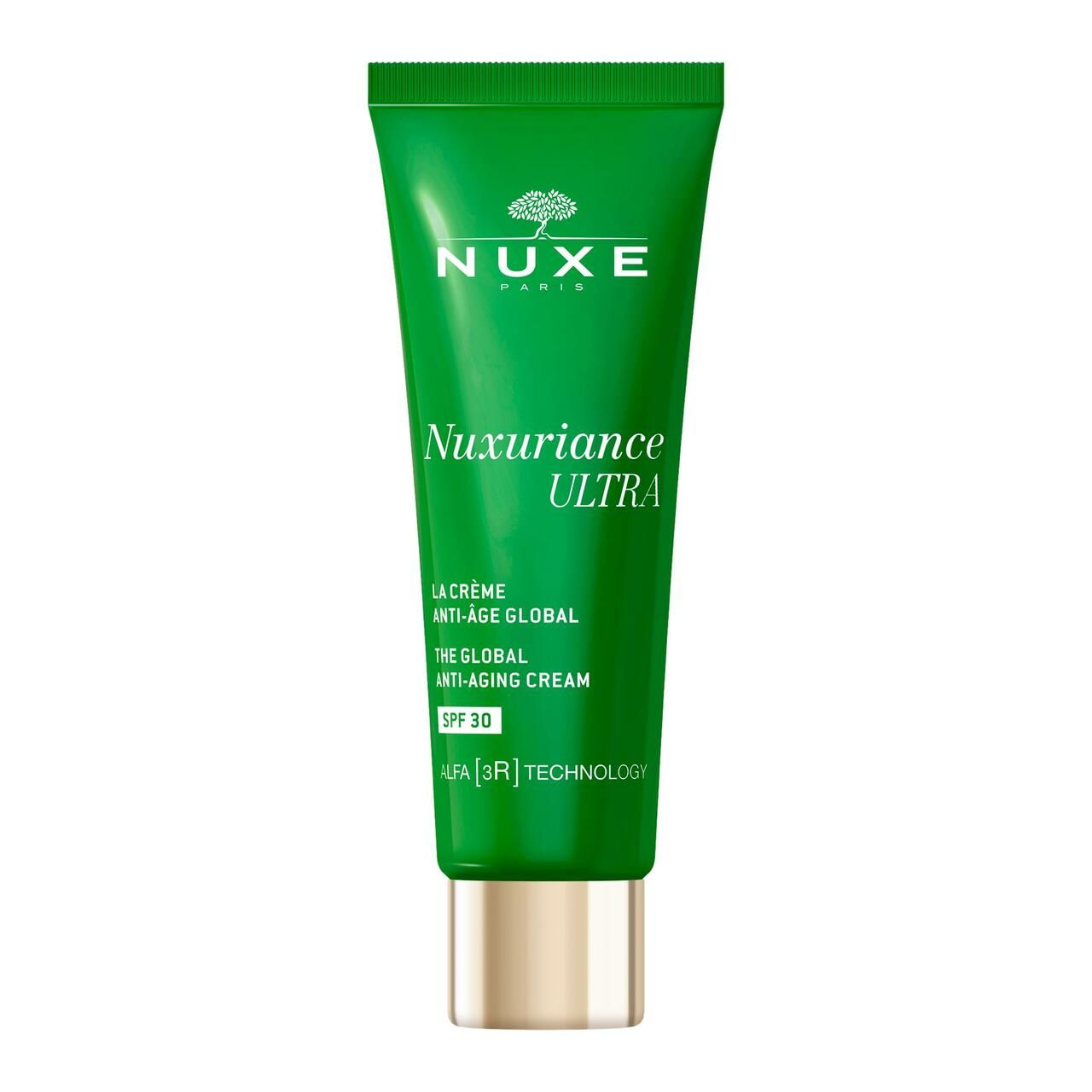 Grüne Schachtel. NUXE, Nuxuriance Ultra, Anti-Aging Creme, SPF 30. Text und Logo.