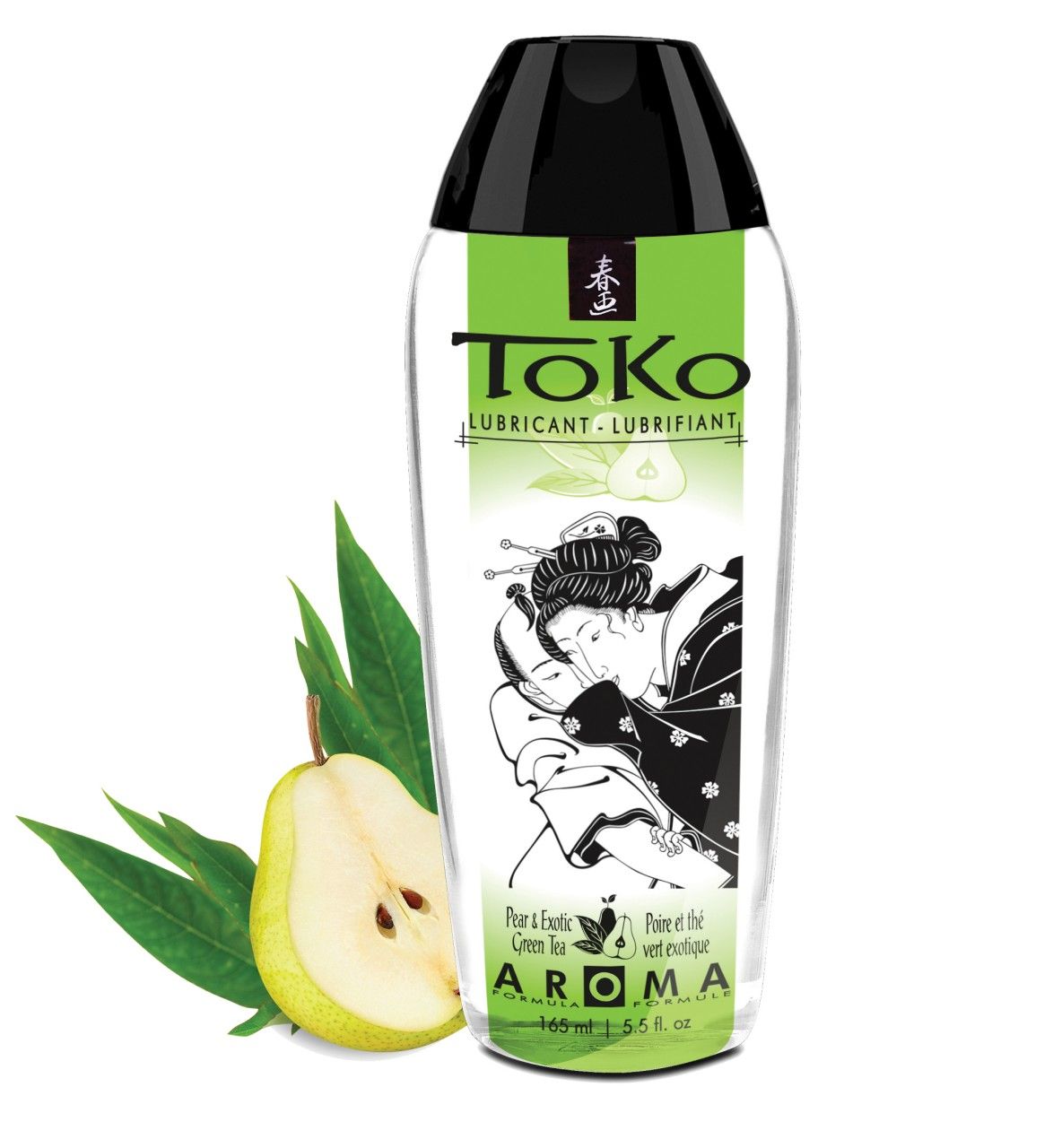 Toko Gleitmittel Flasche mit schwarzem Verschluss, grünem Etikett, japanischer Grafik, Birne und Blättern.