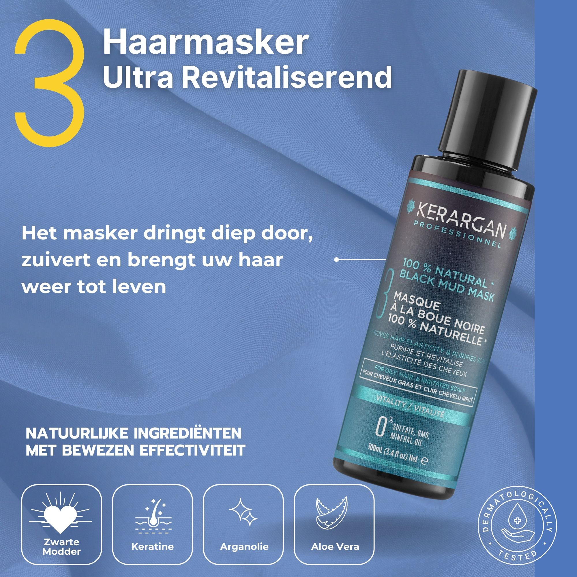 Kerargan Haarmasker, zwarte fles met zwarte dop. Tekst: 100% Natural Black Mud Mask. Dermatologisch getest.