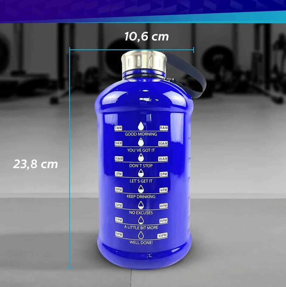 Blaue Wasserflasche mit Zeitmarkierungen. Maße: 23,8 cm hoch, 10,6 cm breit. Metallverschluss. Schwarzer Tragegriff.