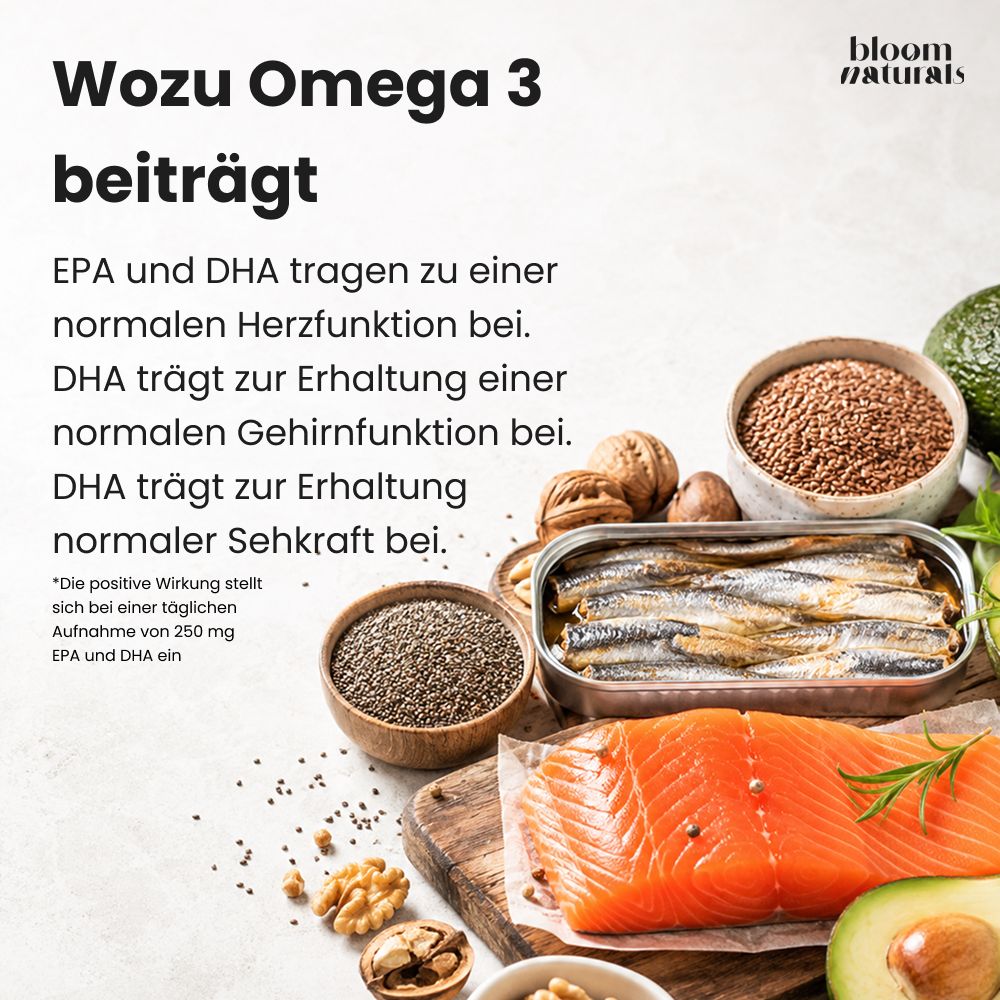 Omega 3 Fettsäuren EPA und DHA für Herz, Gehirn und Sehkraft. Zutaten: Fisch, Leinsamen, Chiasamen, Walnüsse.