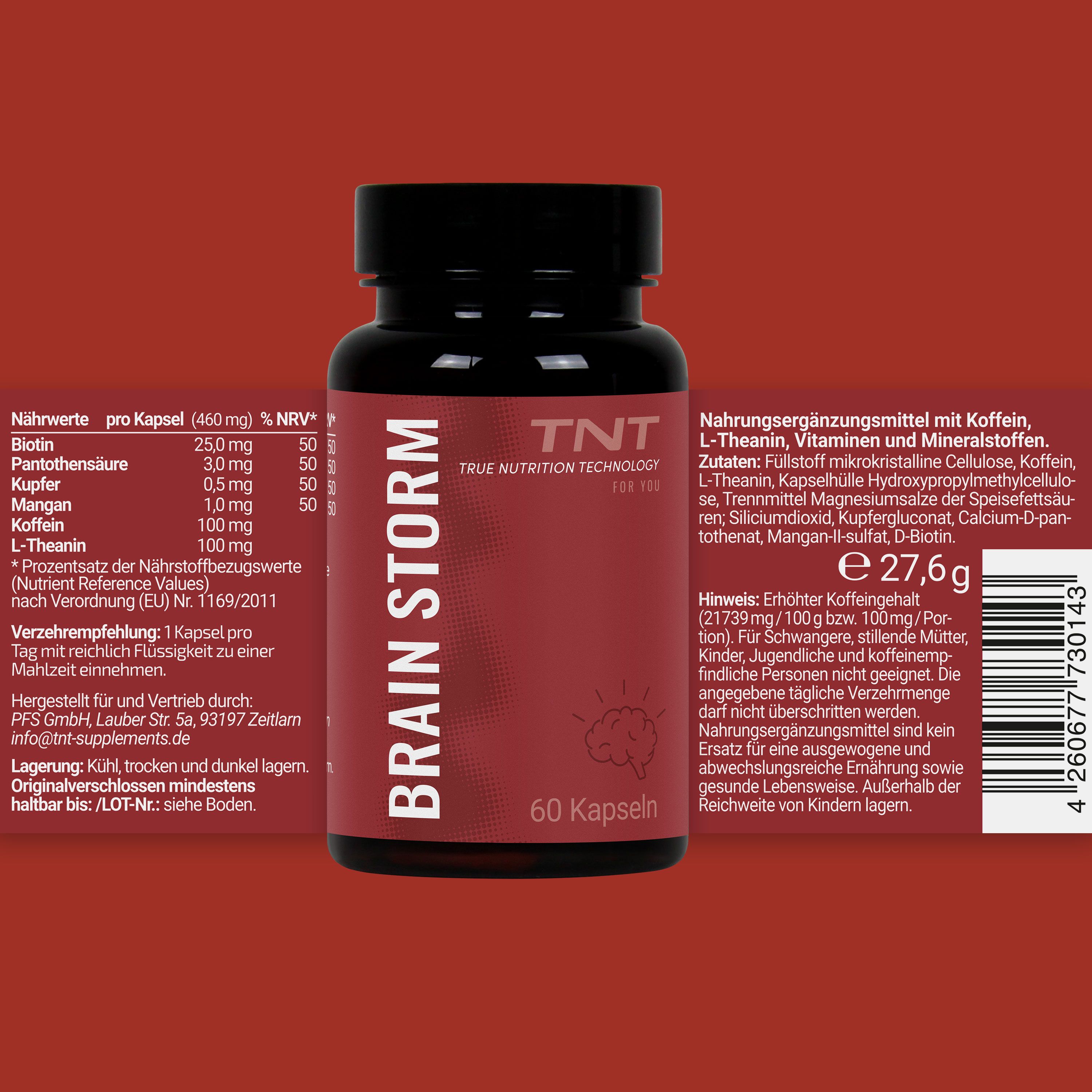 Produktflasche mit Informationen. Aufschrift: BRAIN STORM, TNT, 60 Kapseln. Text.