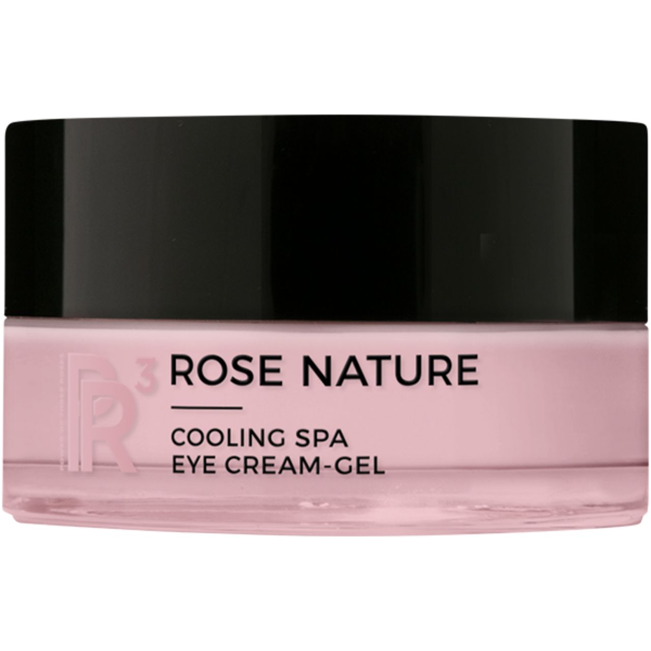 Creme-Gel-Tiegel. Rosa Glas, schwarzer Deckel. Aufschrift: ROSE NATURE COOLING SPA EYE CREAM-GEL.