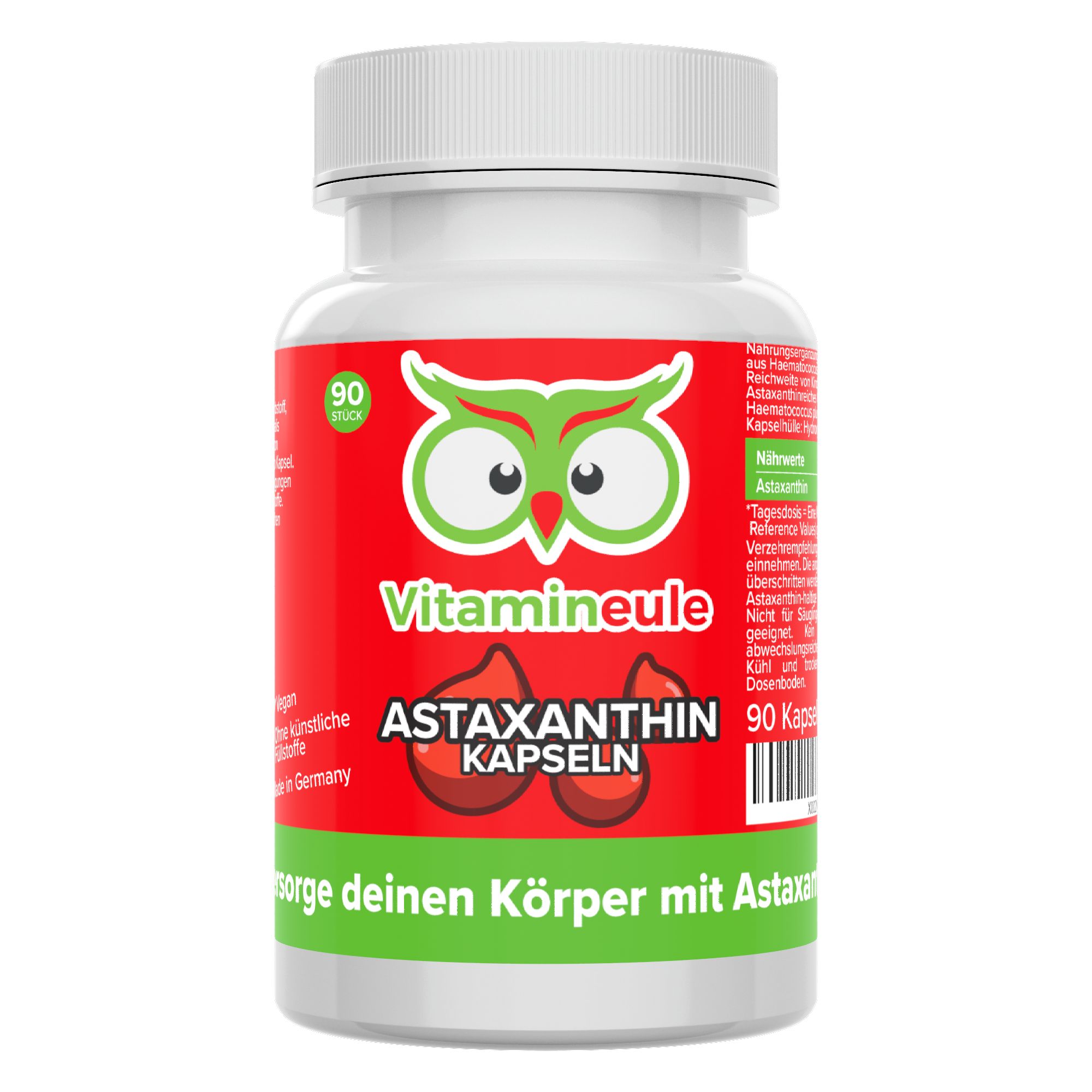 Flasche mit 90 Astaxanthin-Kapseln, rot-grünem Etikett und Eulen-Logo.